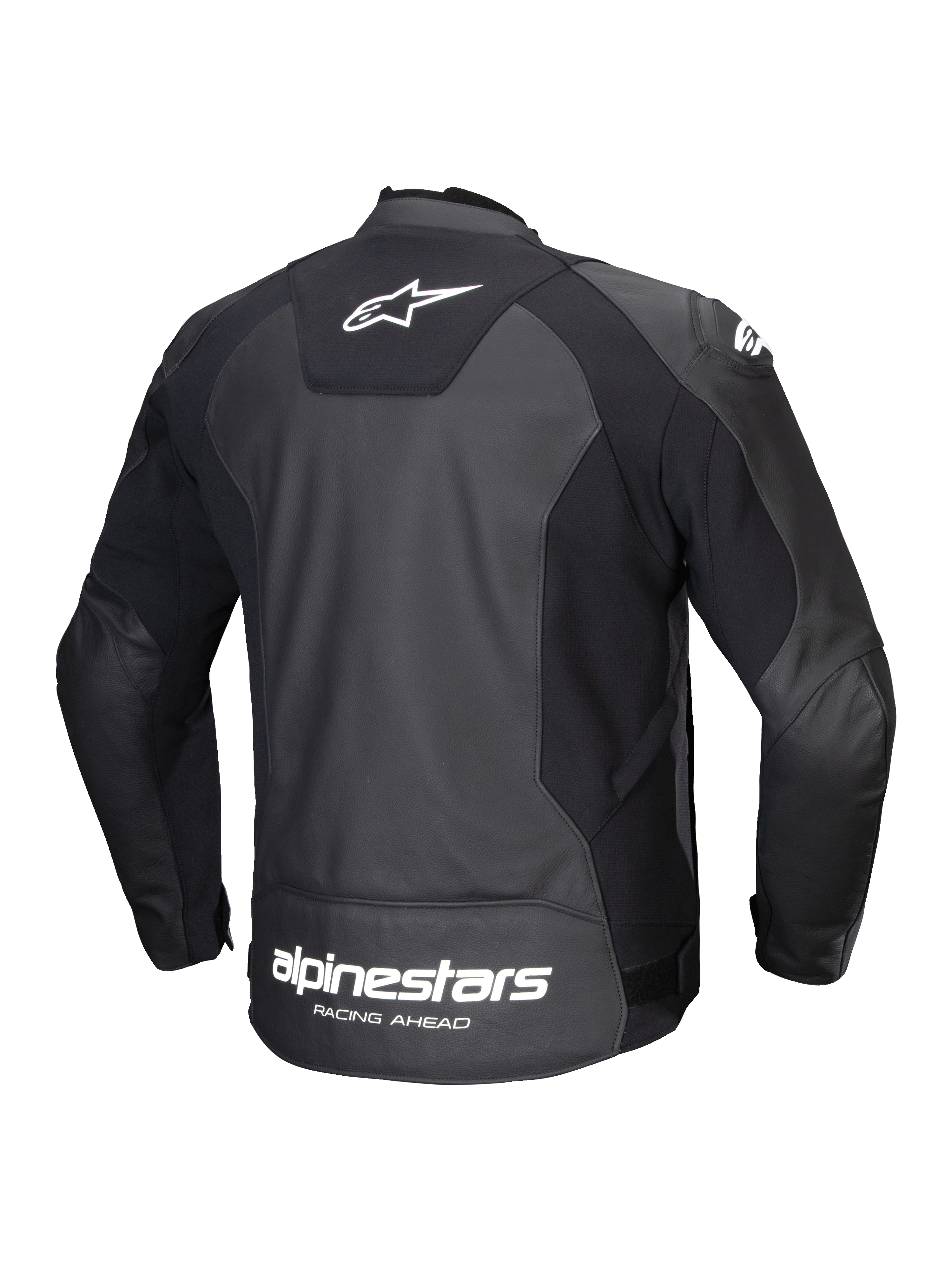Alpinestars Faster V3 Leather Jacket, men's sport riding motorcycle jacket, rear view, black and white, featuring durable leather and advanced stretch panels with branding on the back