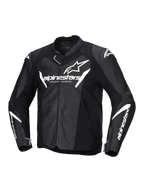 Alpinestars Faster V3 Leather Jacket, men's sport motorcycle riding jacket in Black and White, CE certified AA with leather construction and HRSF stretch panels