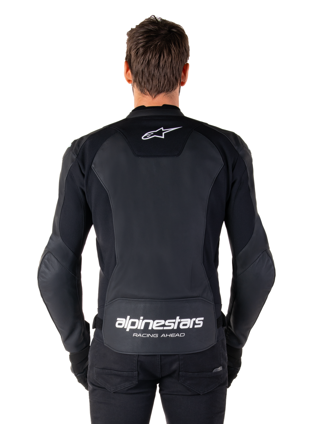 Alpinestars Faster V3 Leather Jacket, Sport Motorcycle Jacket, Black with white branding, rear view worn by model, featuring the Alpinestars logo on the upper back and 'RACING AHEAD' text on the lower back, premium leather construction with ergonomic stretch panels.