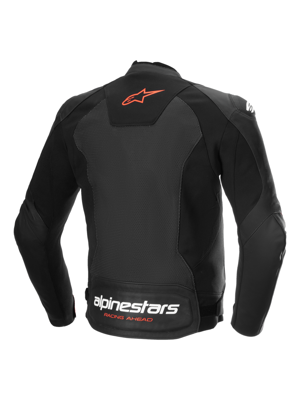 Alpinestars Chaqueta De Cuero Faster V3 Airflow, vista trasera de la chaqueta de moto deportiva negra y roja con cuero perforado y paneles elásticos