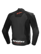 Alpinestars Chaqueta De Cuero Faster V3 Airflow, vista trasera de la chaqueta de moto deportiva negra y roja con cuero perforado y paneles elásticos