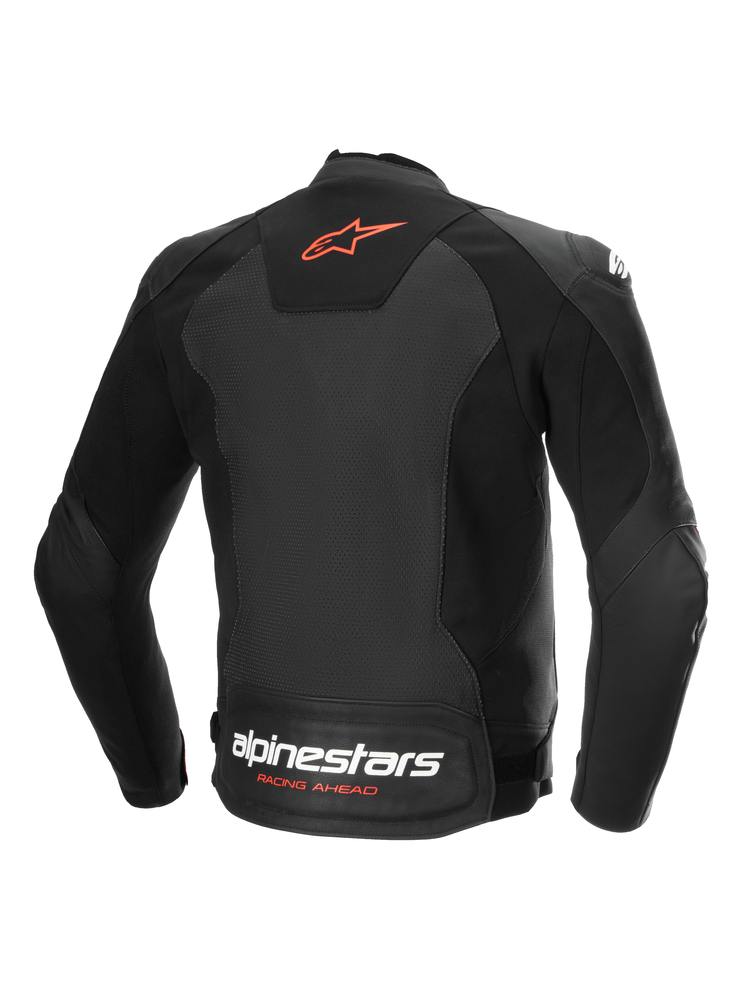 Alpinestars Chaqueta De Cuero Faster V3 Airflow, vista trasera de la chaqueta de moto deportiva negra y roja con cuero perforado y paneles elásticos