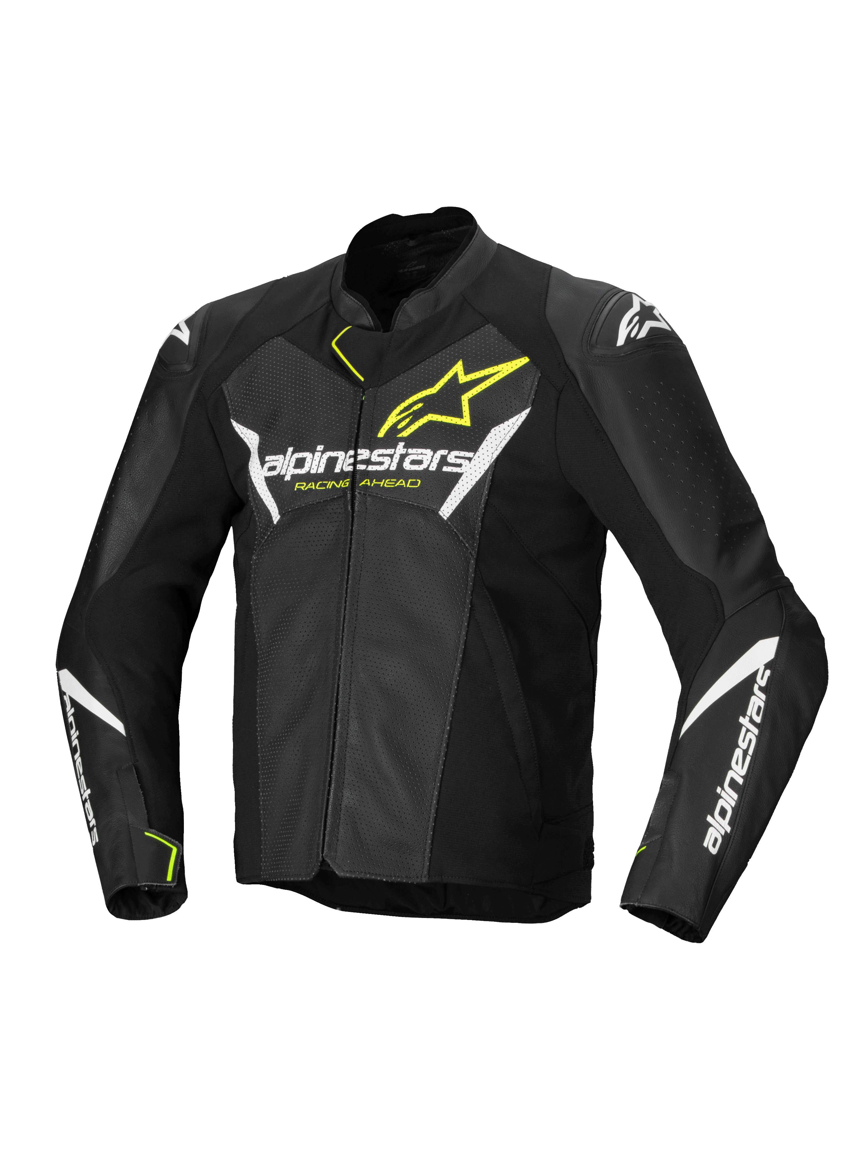 Alpinestars Faster V3 Airflow Leather Jacket, Men's Sport Motorcycle Jacket, Black, White and Yellow Fluo, perforated leather construction with CE certified protection