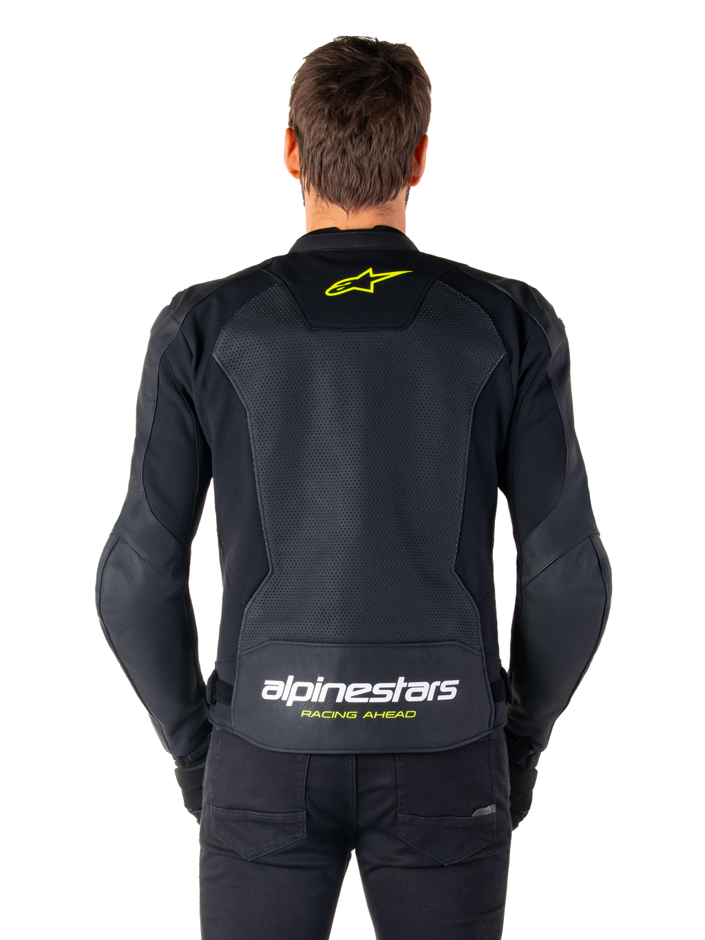 Chaqueta de cuero Alpinestars Faster V3 Airflow, chaqueta de moto deportiva, negra con detalles en amarillo flúor, vista trasera con grandes paneles de cuero perforado, logotipo de estrella amarilla en la parte superior y marca llamativa en la parte inferior de la espalda