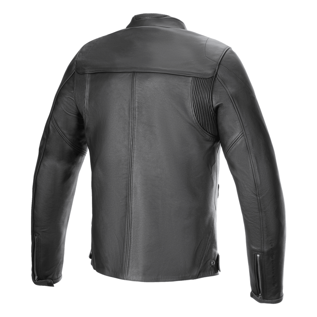 Alpinestars Blacktrack Leather Jacket, Motorcycle Jacket, Black, back view, premium bovine leather construction, featuring accordion stretch panels on the shoulders, zippered cuffs, and a minimalist urban design