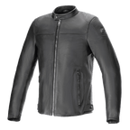Alpinestars Blacktrack Leather Jacket, Motorcycle Jacket, Black, premium bovine leather with metallic gunmetal zipper and shoulder badge, stand-up collar, zippered side pockets, and adjustable waist buttons, contemporary urban road style