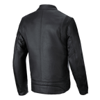 Chaqueta de cuero Alpinestars Dyno, negra, vista trasera, chaqueta de moto de inspiración clásica confeccionada en cuero bovino de primera calidad, con paneles elásticos en acordeón en los hombros y una costura vertical central limpia.