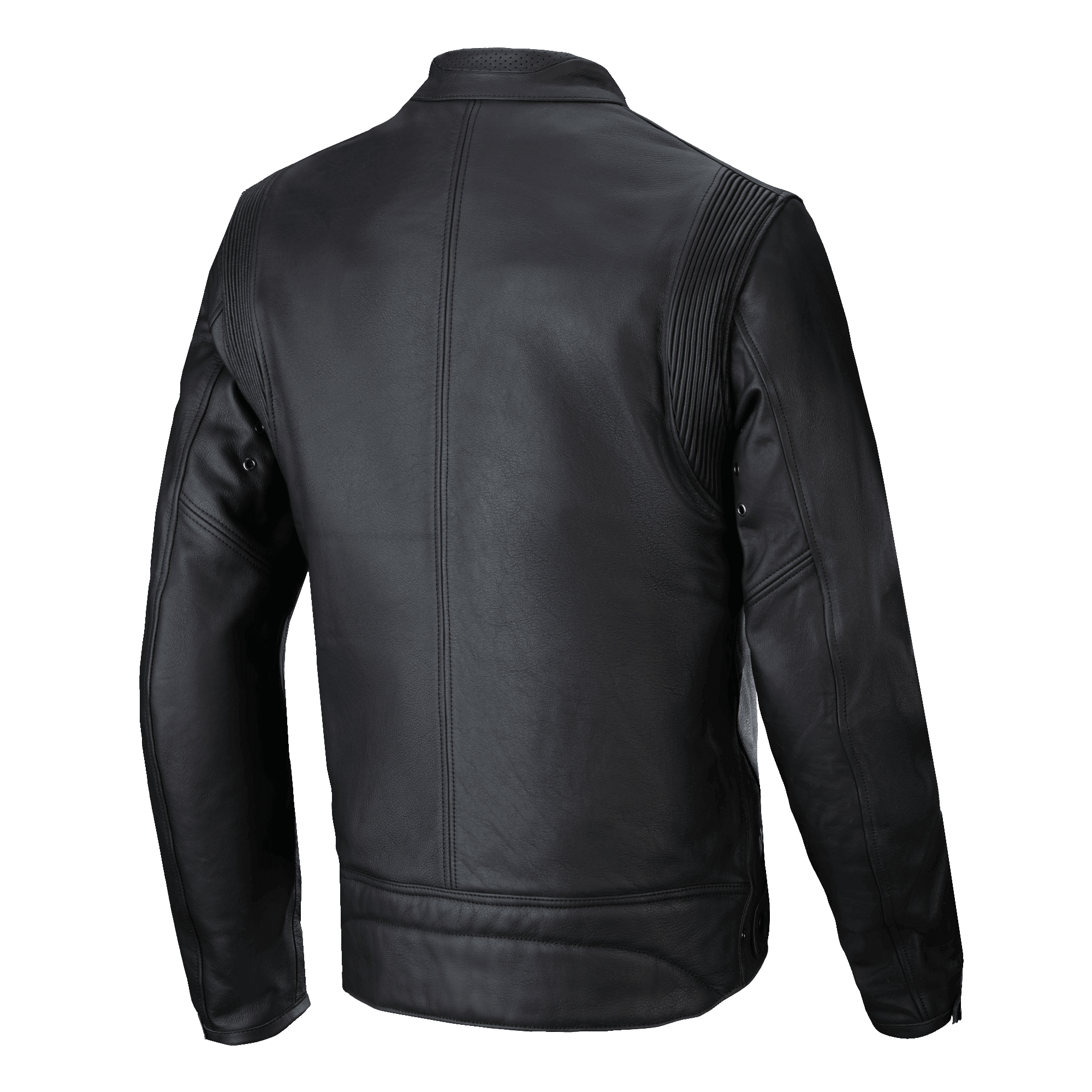 Chaqueta de cuero Alpinestars Dyno, negra, vista trasera, chaqueta de moto de inspiración clásica confeccionada en cuero bovino de primera calidad, con paneles elásticos en acordeón en los hombros y una costura vertical central limpia.