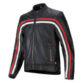 Alpinestars Dyno Leather Jacket, chaqueta de cuero para moto de primera calidad, negra con franjas de carreras en rojo rubí y crudo, cierre frontal de cremallera, cuello alto, bolsillos con cremallera, emblema de la bandera italiana, diseño deportivo de herencia