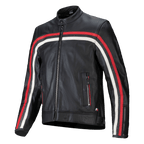 Alpinestars Dyno Leather Jacket, chaqueta de cuero para moto de primera calidad, negra con franjas de carreras en rojo rubí y crudo, cierre frontal de cremallera, cuello alto, bolsillos con cremallera, emblema de la bandera italiana, diseño deportivo de herencia