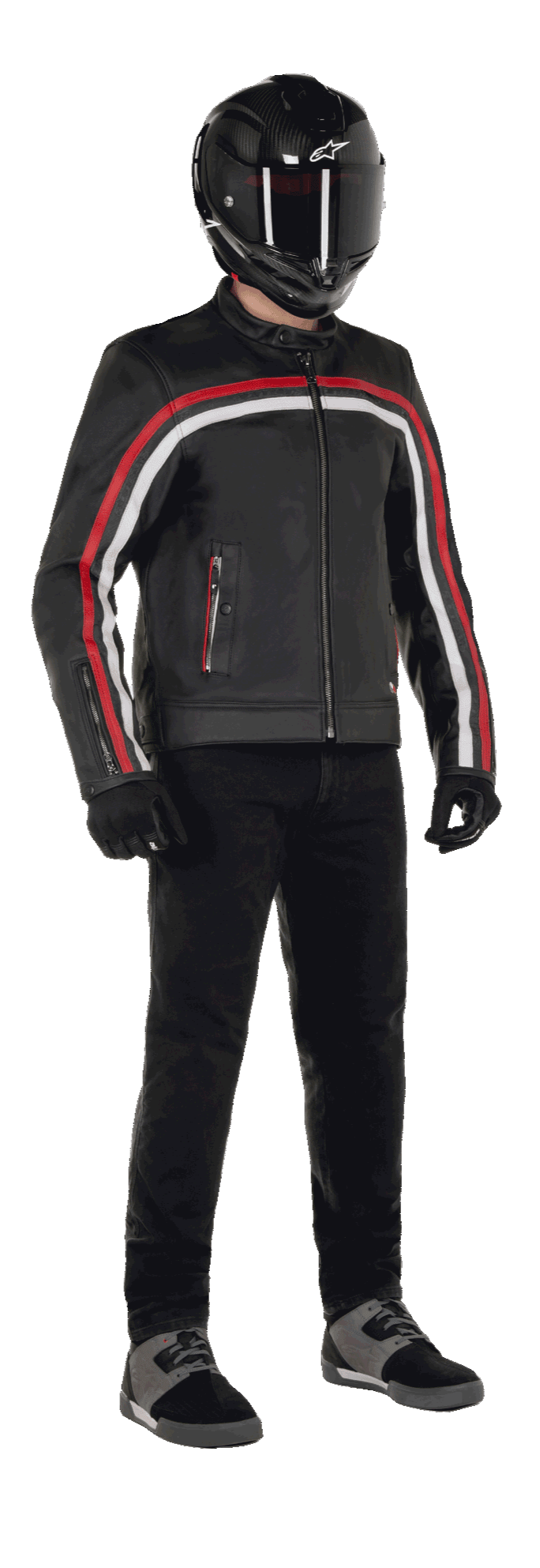 Chaqueta de cuero Alpinestars Dyno, chaqueta de moto, negra con rayas rojo rubí y color crudo, usada con un casco negro de fibra de carbono y pantalones negros, con un diseño de inspiración clásica, cuero de primera calidad y ajuste regular
