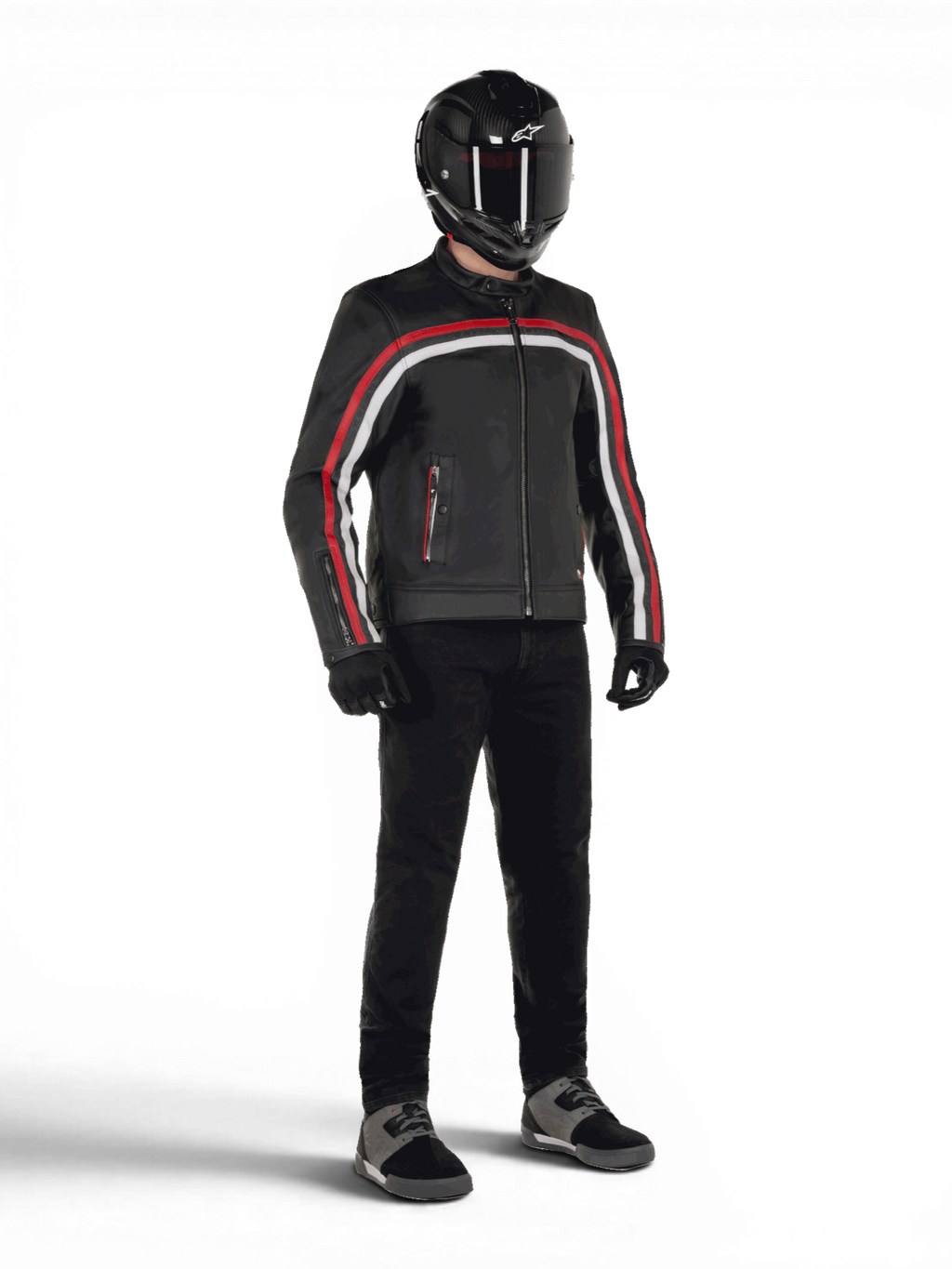 Chaqueta de cuero Dyno de Alpinestars, chaqueta de moto urbana para hombre, negra con franjas rojas y blancas, confeccionada en cuero bovino premium, compatible con el sistema Tech-Air.