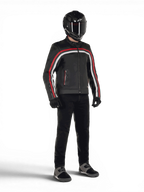 Chaqueta de cuero Dyno de Alpinestars, chaqueta de moto urbana para hombre, negra con franjas rojas y blancas, confeccionada en cuero bovino premium, compatible con el sistema Tech-Air.