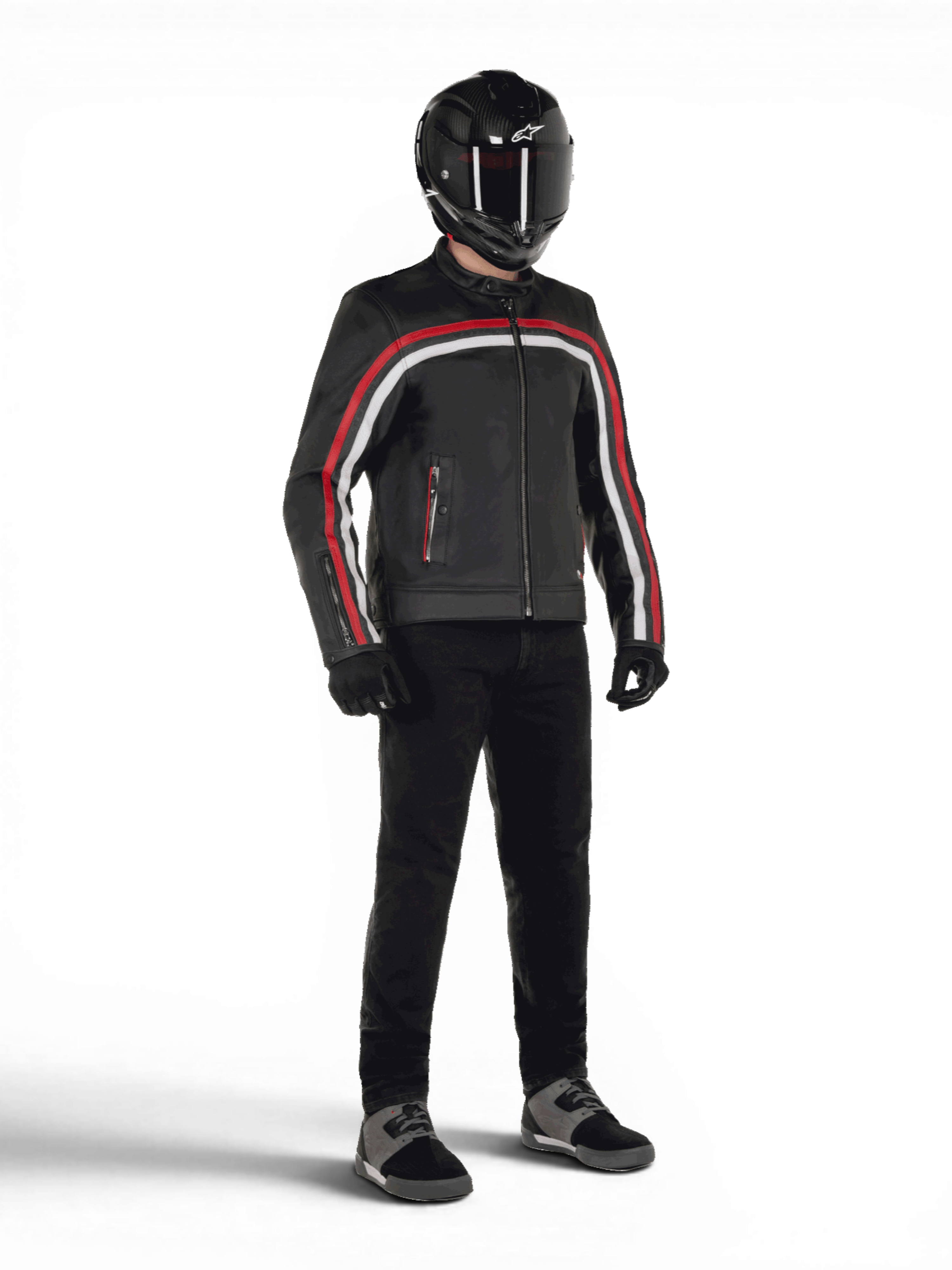 Chaqueta de cuero Dyno de Alpinestars, chaqueta de moto urbana para hombre, negra con franjas rojas y blancas, confeccionada en cuero bovino premium, compatible con el sistema Tech-Air.