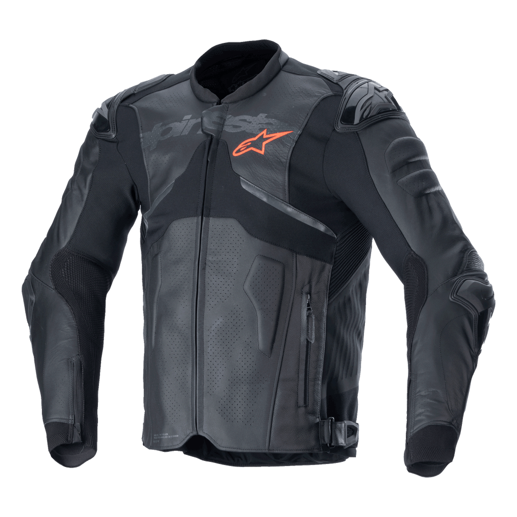 Alpinestars Atem V5 Leather Jacket, Black and Dark Gray motorcycle racing jacket, orange star logo on chest, perforated leather panels for ventilation, hard shoulder and elbow protection, leather and textile construction with aerodynamic design for sport riding