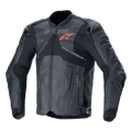 Alpinestars Atem V5 Leather Jacket, Black and Dark Gray motorcycle racing jacket, orange star logo on chest, perforated leather panels for ventilation, hard shoulder and elbow protection, leather and textile construction with aerodynamic design for sport riding