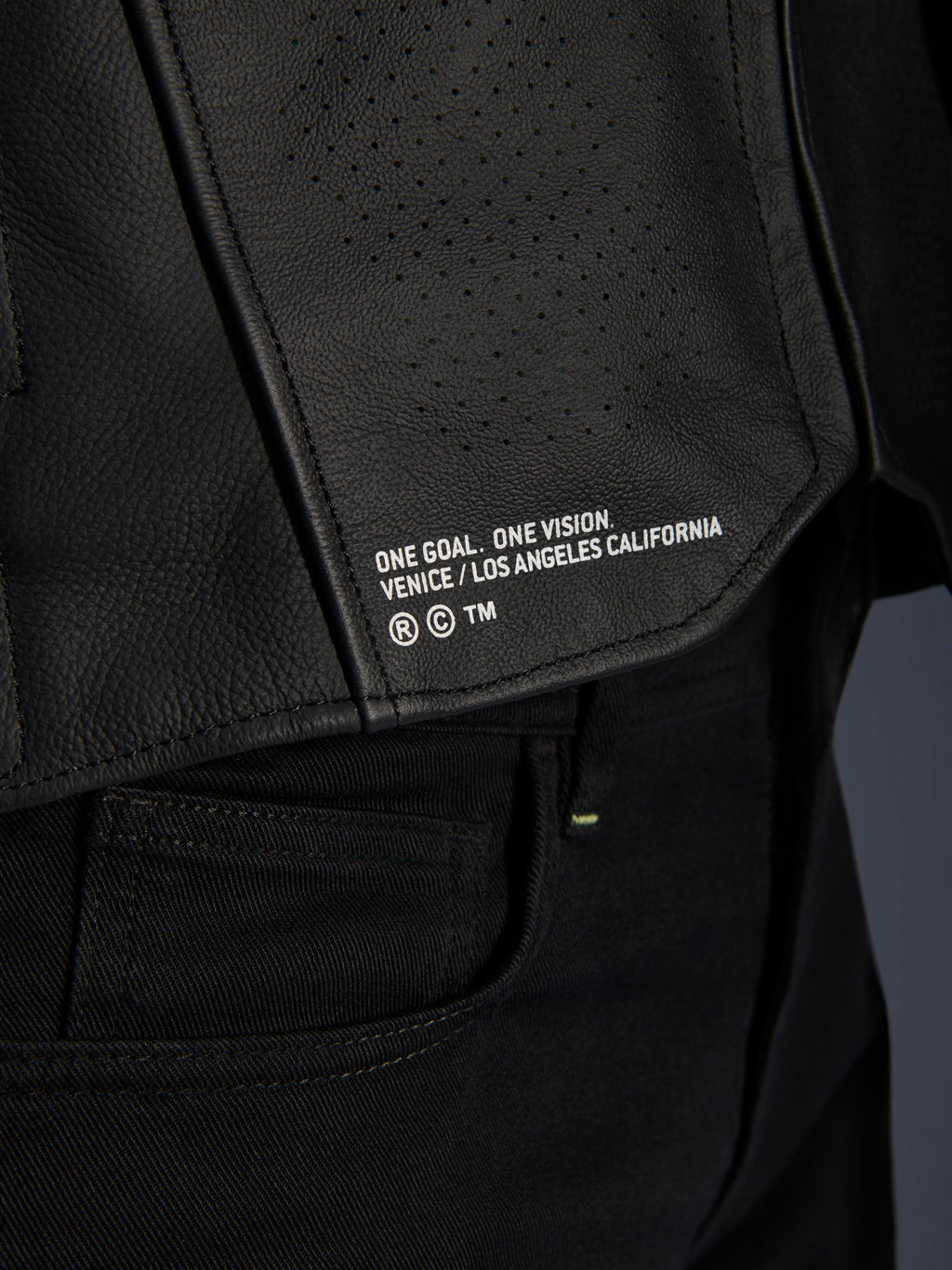 Primer plano de la chaqueta de cuero Alpinestars Atem V5 en color negro, con el panel inferior de la espalda que incluye la inscripción 'ONE GOAL. ONE VISION. VENICE / LOS ANGELES CALIFORNIA' y textura de cuero perforado.