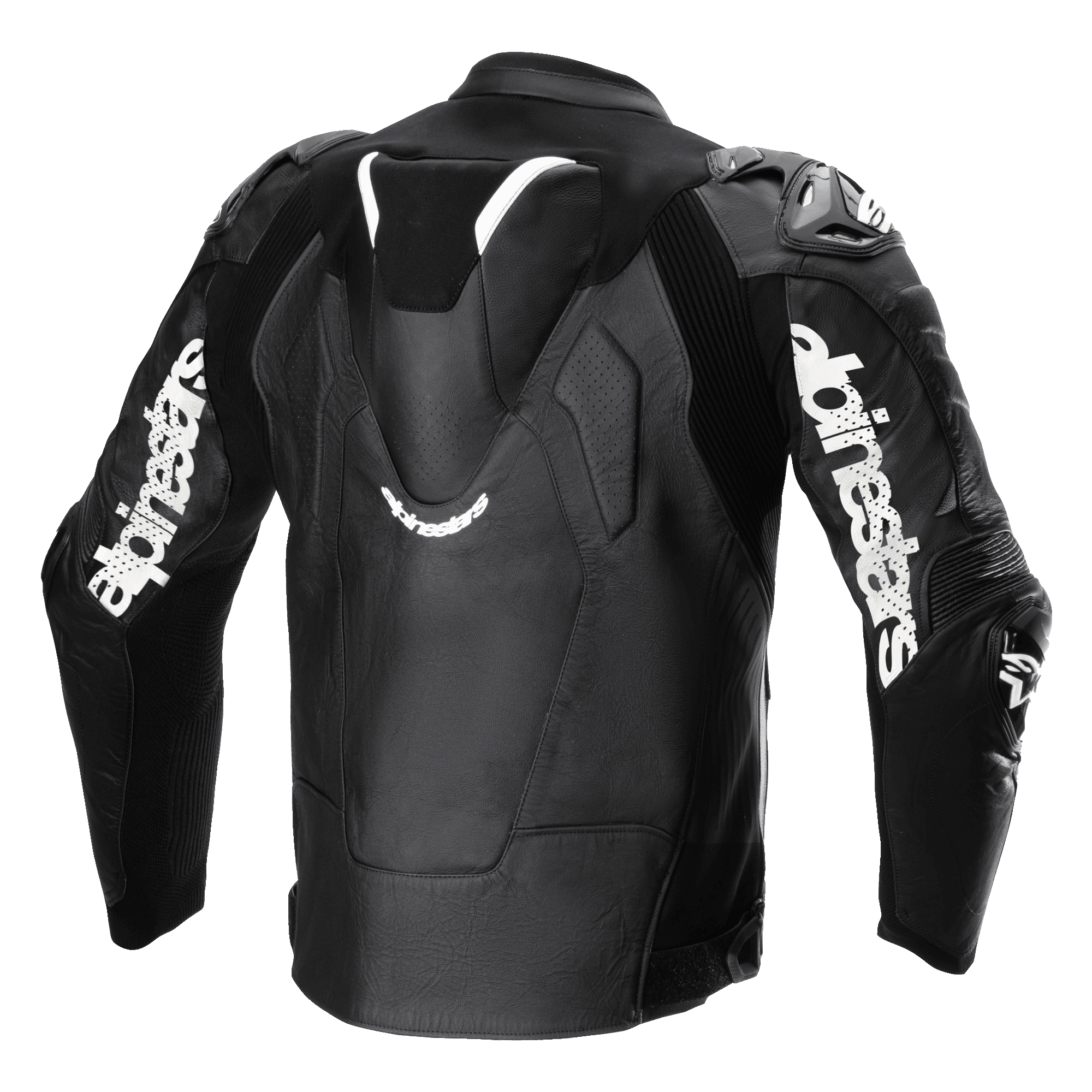 Chaqueta de cuero Alpinestars Atem V5, negro y blanco, vista trasera que muestra la joroba aerodinámica, logotipos blancos de Alpinestars en las mangas, secciones de cuero perforado y paneles elásticos técnicos para competición y conducción deportiva.
