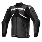 Chaqueta de cuero Alpinestars Atem V5, negra y blanca, chaqueta profesional de carreras de motos con un gran logotipo blanco de Alpinestars en el pecho y una pequeña estrella roja, paneles de cuero perforado, protectores de hombro DFS RR integrados y diseño aerodinámico para conducción deportiva