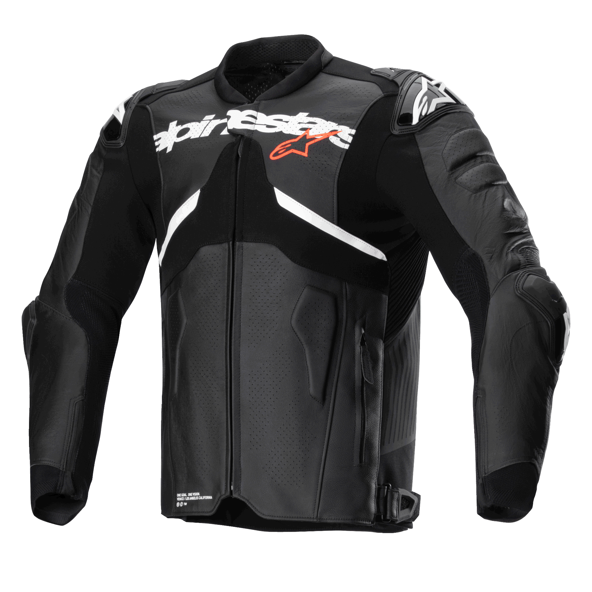 Chaqueta de cuero Alpinestars Atem V5, negra y blanca, chaqueta profesional de carreras de motos con un gran logotipo blanco de Alpinestars en el pecho y una pequeña estrella roja, paneles de cuero perforado, protectores de hombro DFS RR integrados y diseño aerodinámico para conducción deportiva
