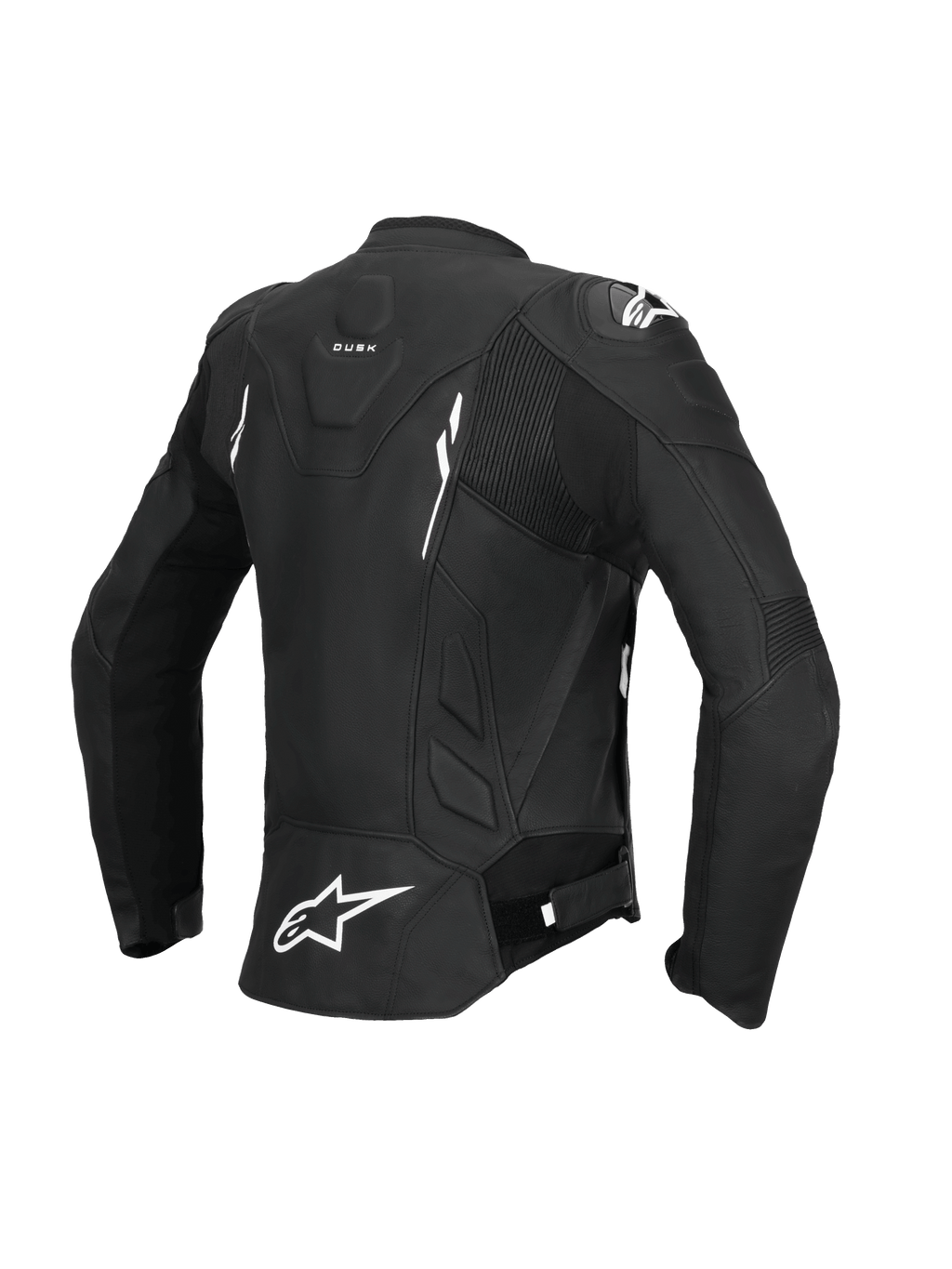 Alpinestars Chaqueta De Cuero Stella Dusk, chaqueta de moto deportiva para mujer, vista trasera en negro y blanco, certificada CE clase AA con paneles elásticos de acordeón