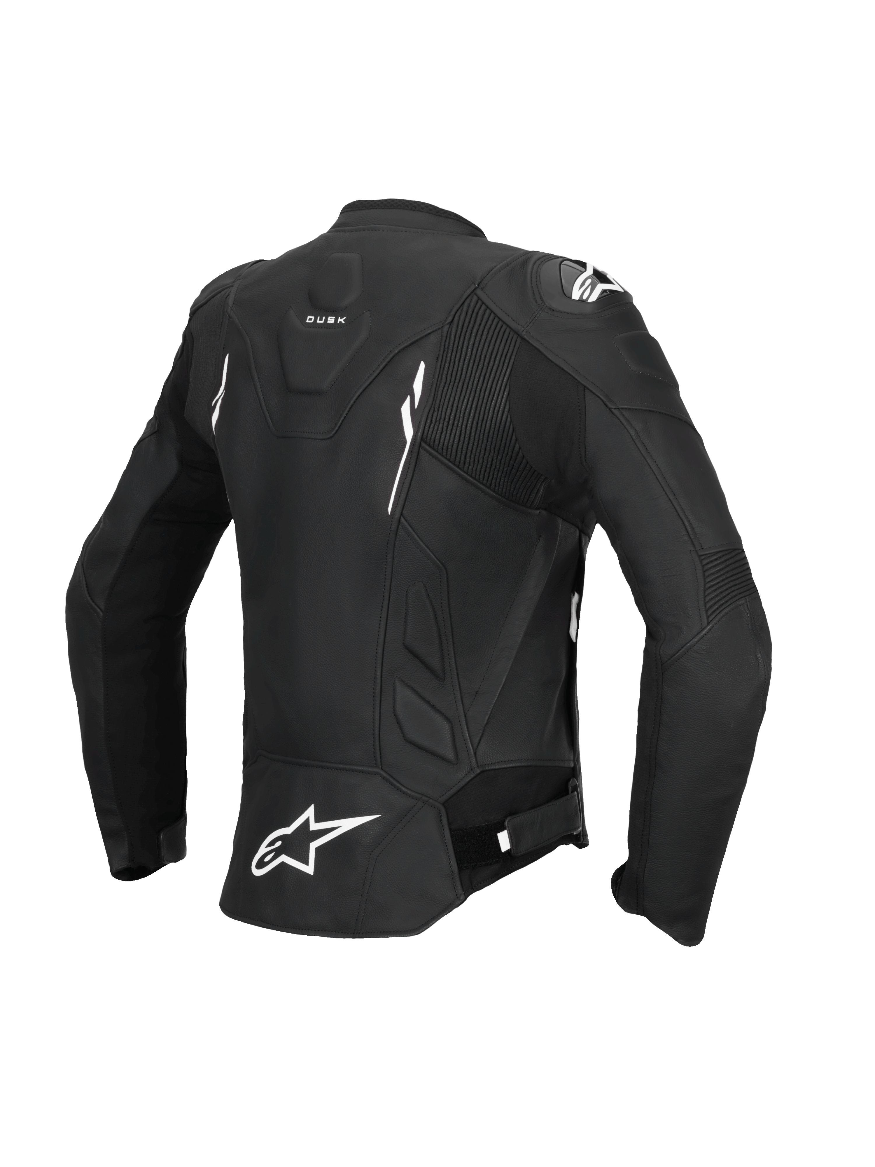 Alpinestars Chaqueta De Cuero Stella Dusk, chaqueta de moto deportiva para mujer, vista trasera en negro y blanco, certificada CE clase AA con paneles elásticos de acordeón