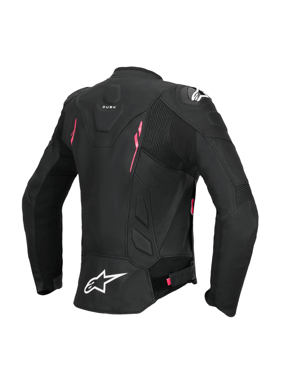 Alpinestars Chaqueta De Cuero Stella Dusk, chaqueta de moto para mujer, vista trasera en color negro con detalles en rosa fucsia y blanco, construcción de cuero certificado CE