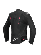 Alpinestars Chaqueta De Cuero Stella Dusk, chaqueta de moto para mujer, vista trasera en color negro con detalles en rosa fucsia y blanco, construcción de cuero certificado CE