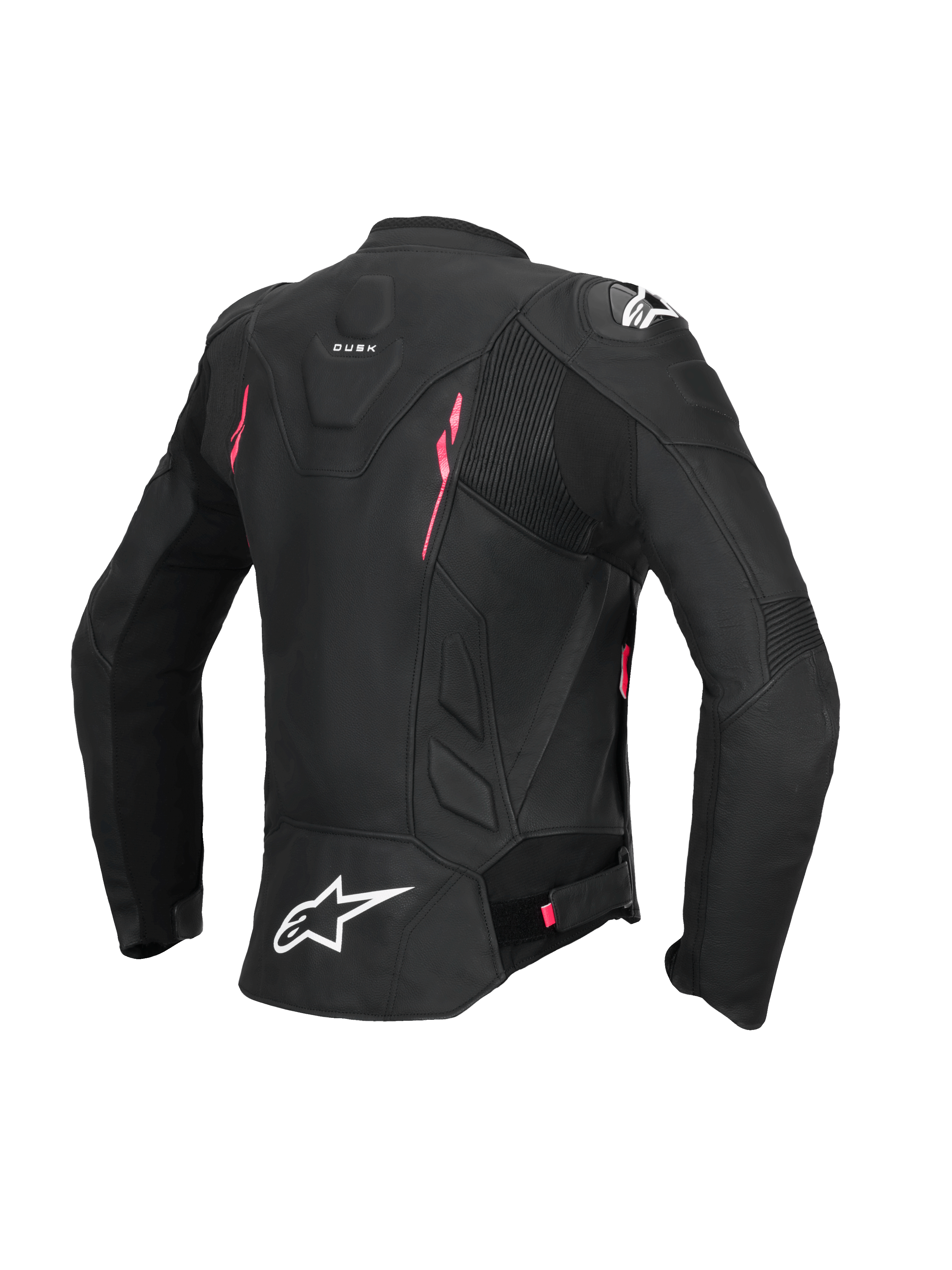 Alpinestars Chaqueta De Cuero Stella Dusk, chaqueta de moto para mujer, vista trasera en color negro con detalles en rosa fucsia y blanco, construcción de cuero certificado CE