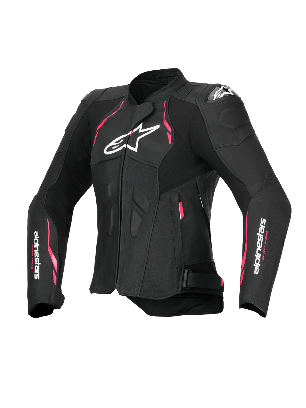 Alpinestars Chaqueta De Cuero Stella Dusk, chaqueta de moto para mujer de cuero negro con detalles en rosa diva y blanco, con protección externa DFS en los hombros, certificada CE