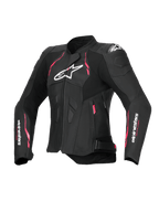 Alpinestars Chaqueta De Cuero Stella Dusk, chaqueta de moto para mujer de cuero negro con detalles en rosa diva y blanco, con protección externa DFS en los hombros, certificada CE