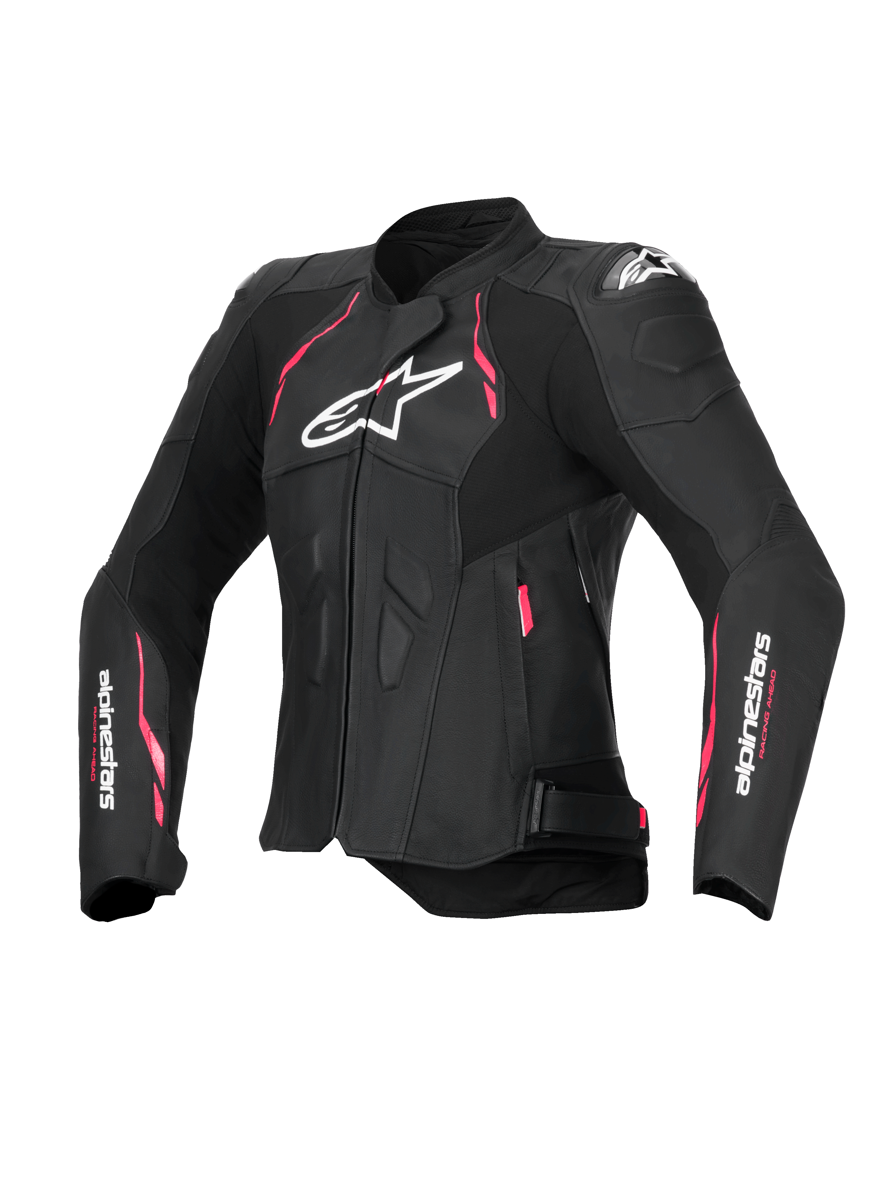 Alpinestars Chaqueta De Cuero Stella Dusk, chaqueta de moto para mujer de cuero negro con detalles en rosa diva y blanco, con protección externa DFS en los hombros, certificada CE