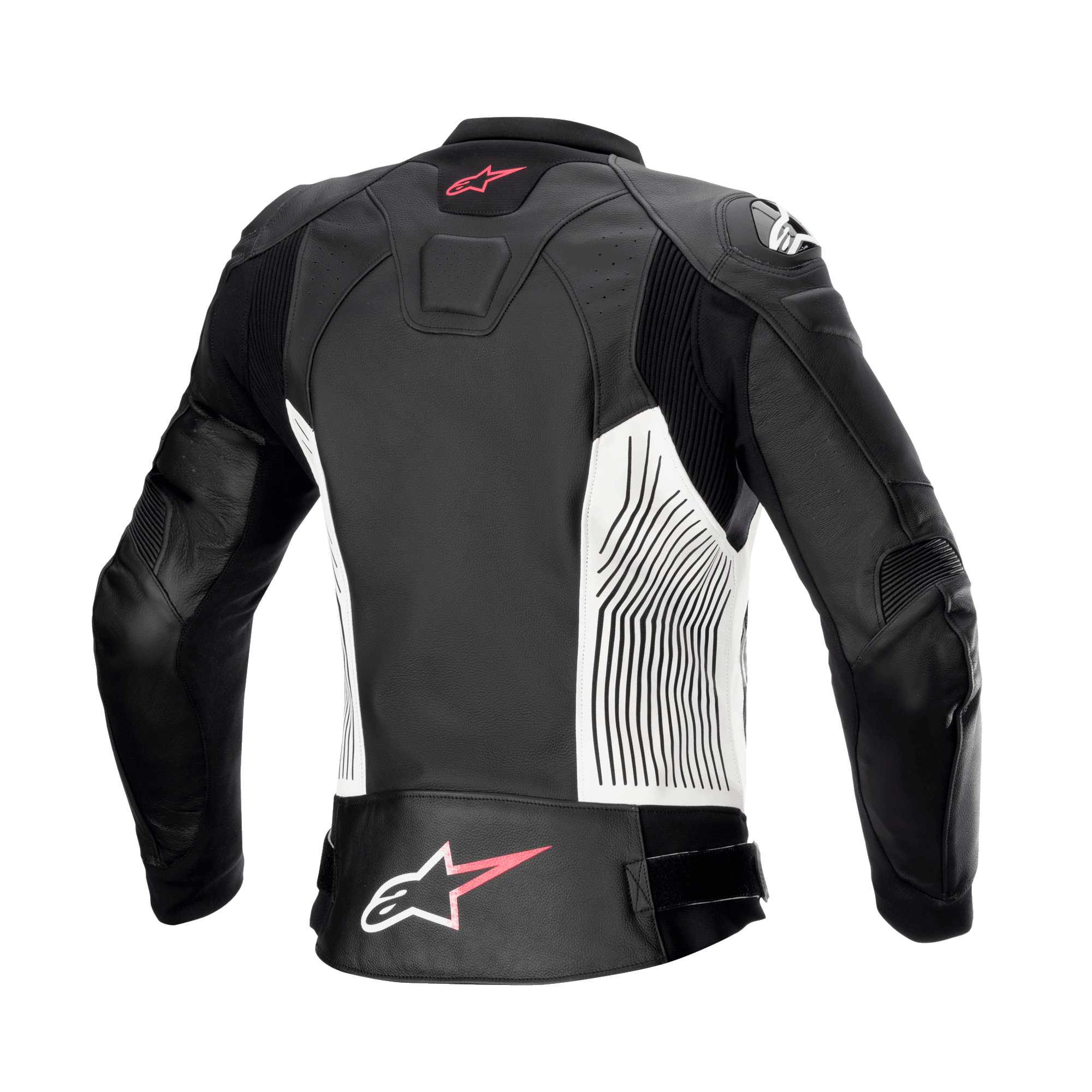 Alpinestars Women Stella GP Plus V4 Leather Jacket, Black White and Diva Pink, rear view, featuring white side panels with black graphic lines, pink and white Alpinestars logos on the upper and lower back, and leather accordion stretch panels for enhanced mobility.