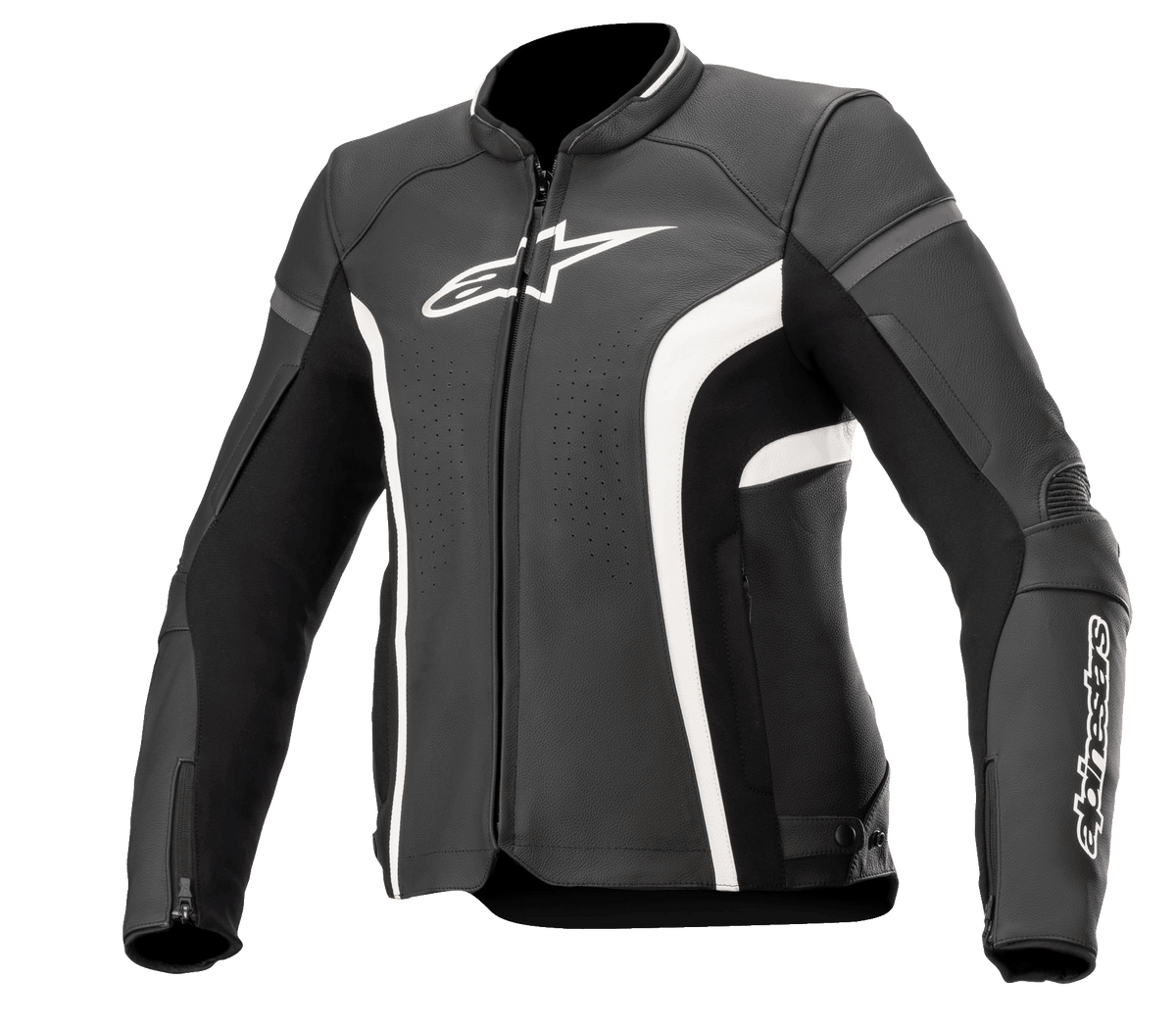Alpinestars Stella Kira V2 Women's Leather Jacket, Black and White, featuring perforated ventilation panels, white logo branding on the chest and sleeve, zippered cuffs, and a tailored performance fit for motorcycle road riding.