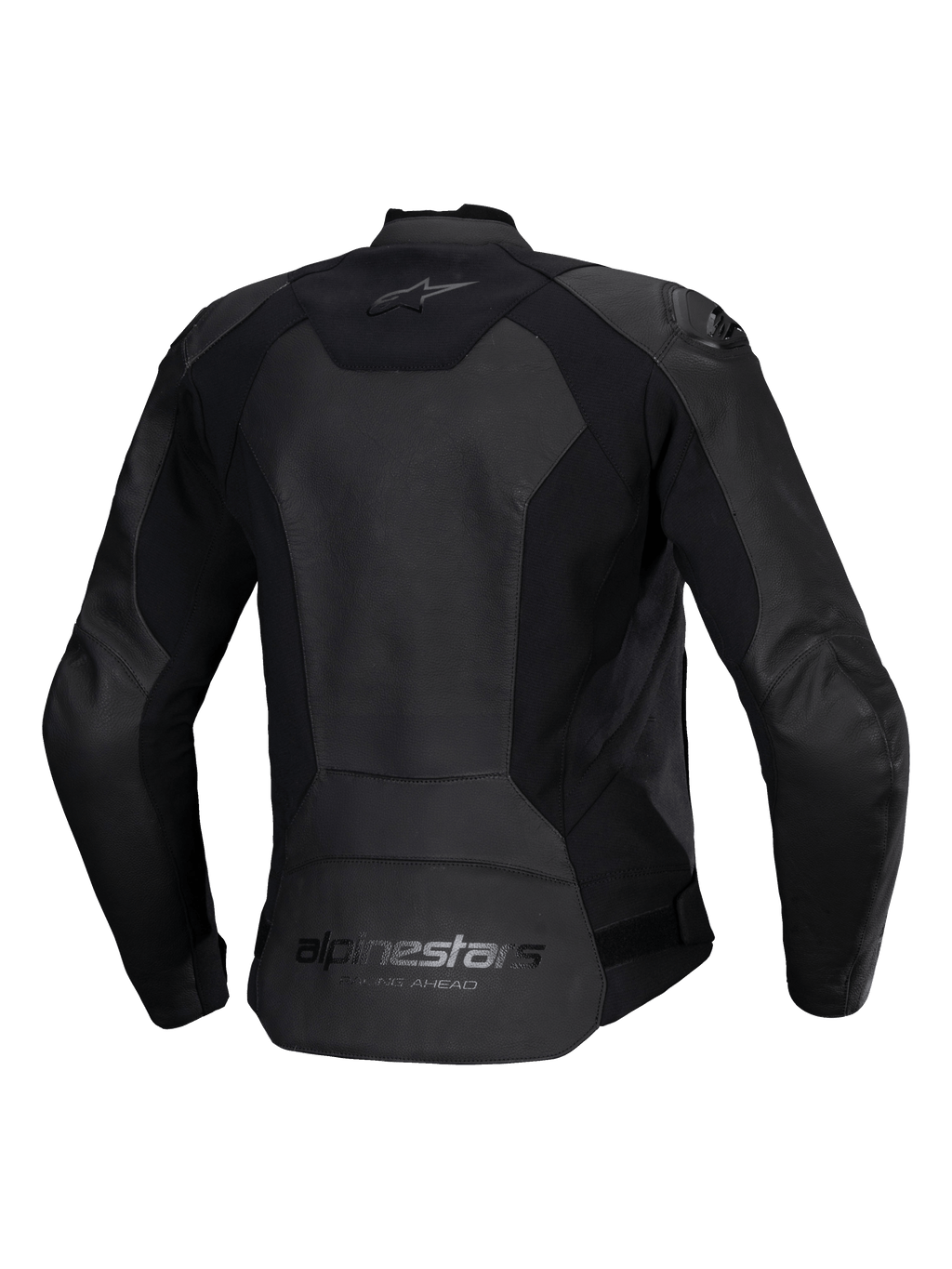 Chaqueta de cuero Alpinestars Stella Faster V3 para mujer, chaqueta de cuero de moto femenina, negra, vista trasera con logotipos de Alpinestars en la parte superior e inferior de la espalda, paneles elásticos para movilidad y parte trasera alargada para mayor cobertura.