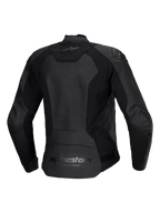 Chaqueta de cuero Alpinestars Stella Faster V3 para mujer, chaqueta de cuero de moto femenina, negra, vista trasera con logotipos de Alpinestars en la parte superior e inferior de la espalda, paneles elásticos para movilidad y parte trasera alargada para mayor cobertura.