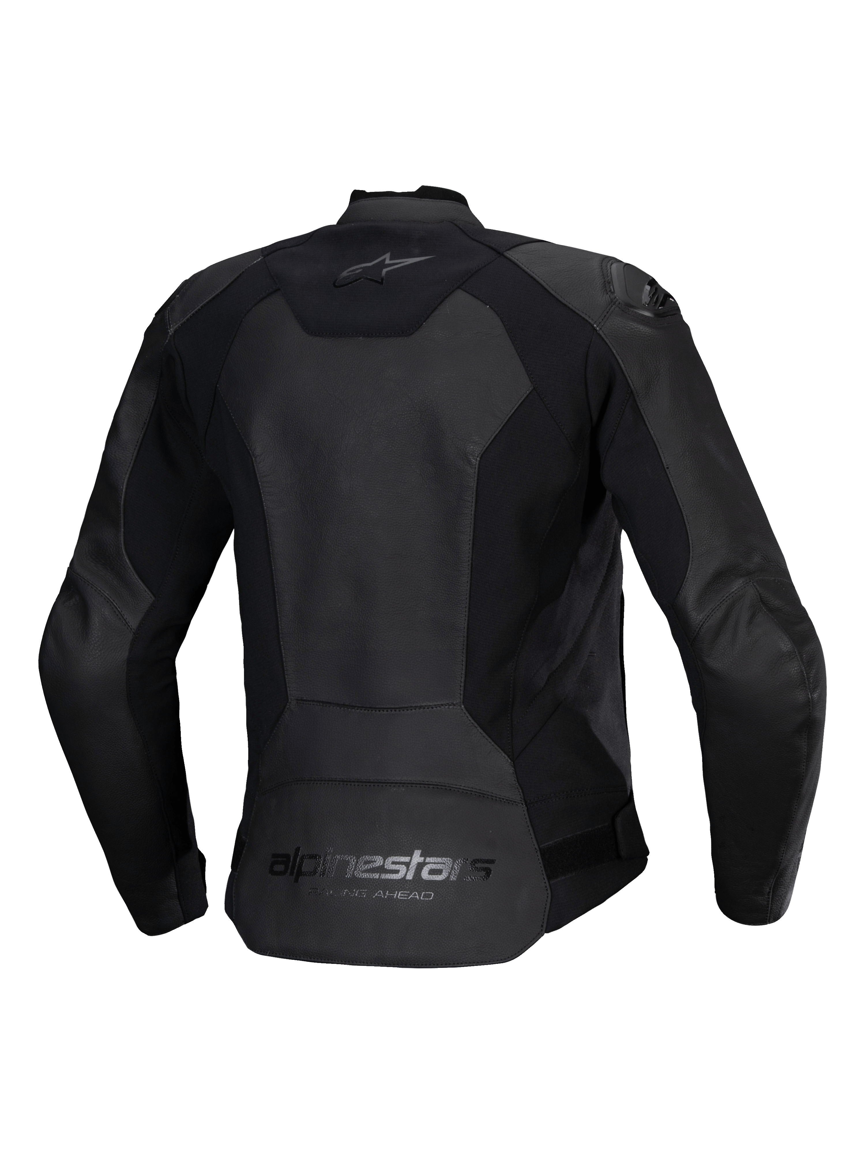 Chaqueta de cuero Alpinestars Stella Faster V3 para mujer, chaqueta de cuero de moto femenina, negra, vista trasera con logotipos de Alpinestars en la parte superior e inferior de la espalda, paneles elásticos para movilidad y parte trasera alargada para mayor cobertura.