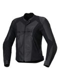 Alpinestars Stella Faster V3 Leather Jacket, chaqueta de moto deportiva para mujer, negra y gris oscuro, construcción de cuero de primera calidad y tejido con paneles elásticos HRSF, protección con certificación CE, cuello alto y cremallera frontal completa, ajuste estilizado derivado de la competición