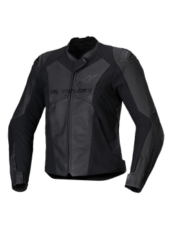 Alpinestars Stella Faster V3 Leather Jacket, Women's Sport Motorcycle Jacket, Black and Dark Gray, premium leather and textile construction with HRSF stretch panels, CE certified protection, high collar and full front zipper, sleek race-derived fit