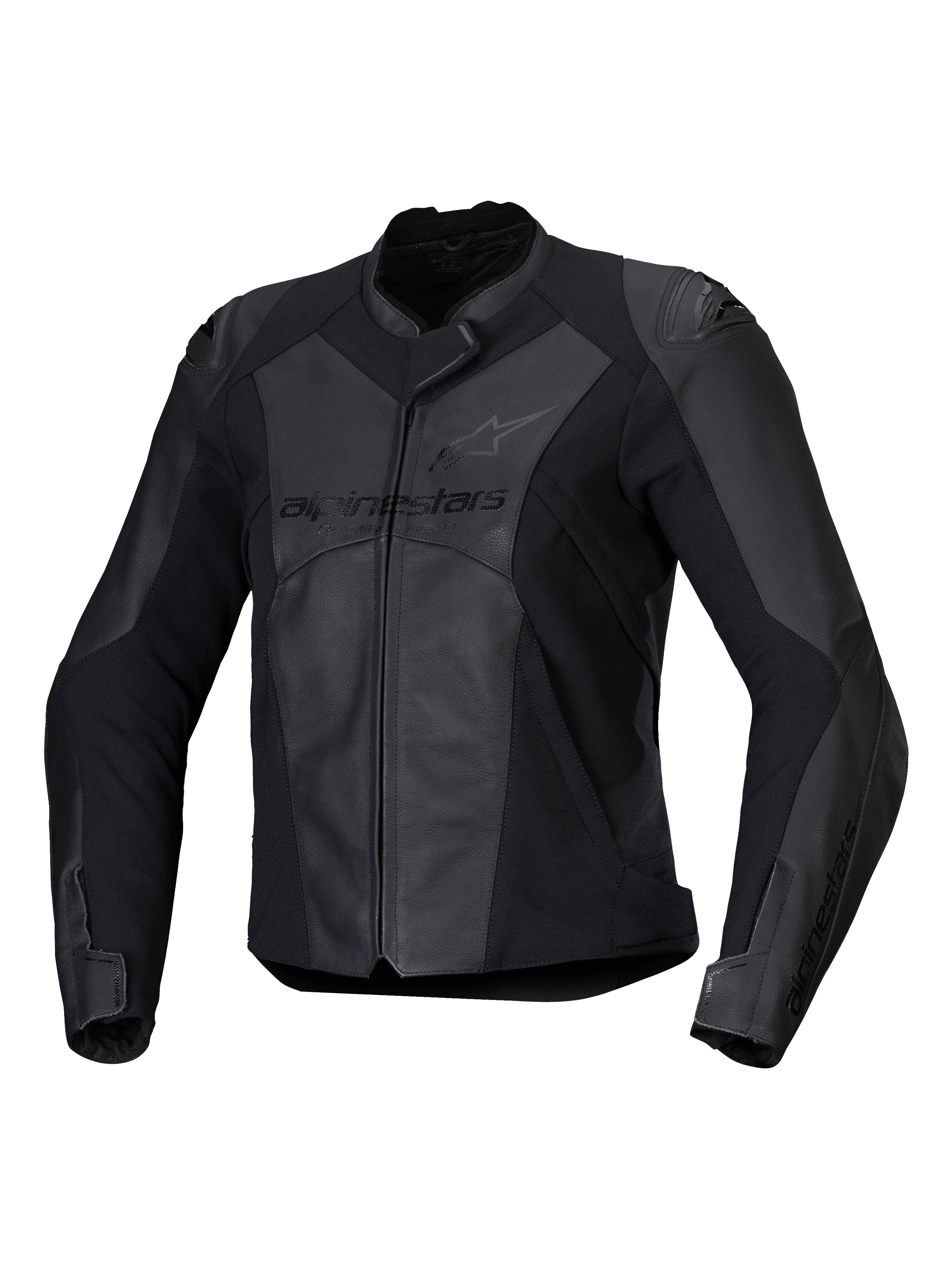 Alpinestars Stella Faster V3 Leather Jacket, chaqueta de moto deportiva para mujer, negra y gris oscuro, construcción de cuero de primera calidad y tejido con paneles elásticos HRSF, protección con certificación CE, cuello alto y cremallera frontal completa, ajuste estilizado derivado de la competición