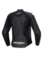 Chaqueta de cuero Alpinestars Stella Faster V3, chaqueta de moto deportiva para mujer, negra y blanca, vista trasera que muestra la construcción de cuero de múltiples paneles y tejido elástico, logotipo de Alpinestars blanco en la parte superior de la espalda y marca en la parte inferior, ajuste atlético estilizado para conducción de alto rendimiento