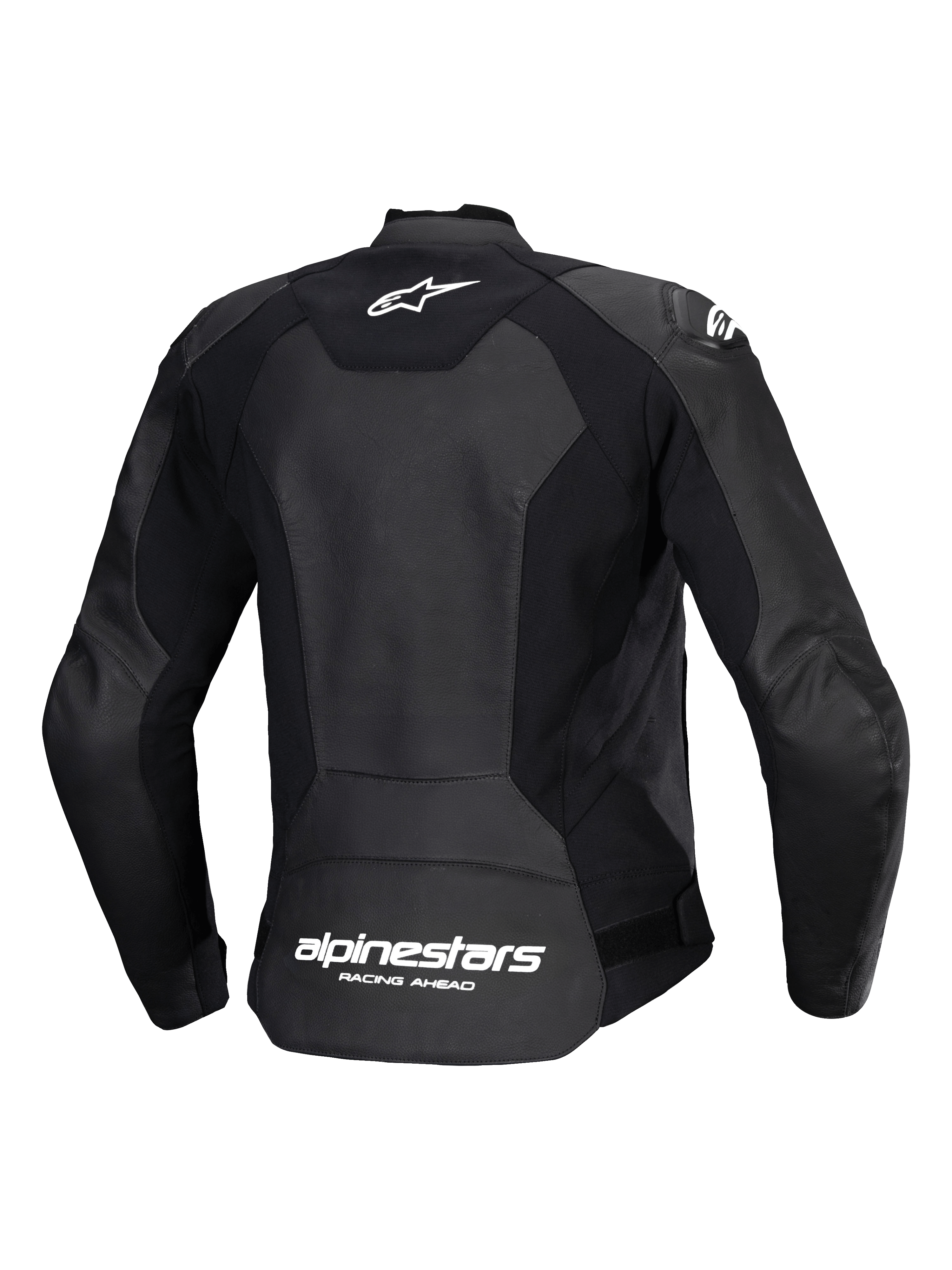 Chaqueta de cuero Alpinestars Stella Faster V3, chaqueta de moto deportiva para mujer, negra y blanca, vista trasera que muestra la construcción de cuero de múltiples paneles y tejido elástico, logotipo de Alpinestars blanco en la parte superior de la espalda y marca en la parte inferior, ajuste atlético estilizado para conducción de alto rendimiento