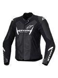 Chaqueta de cuero Alpinestars Stella Faster V3, chaqueta de motociclismo de competición para mujer, negro y blanco, con logotipos de Alpinestars en blanco en el pecho y las mangas, confección en cuero de primera calidad con hombros reforzados, diseño deportivo aerodinámico