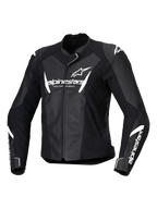 Chaqueta de cuero Alpinestars Stella Faster V3, chaqueta de motociclismo de competición para mujer, negro y blanco, con logotipos de Alpinestars en blanco en el pecho y las mangas, confección en cuero de primera calidad con hombros reforzados, diseño deportivo aerodinámico