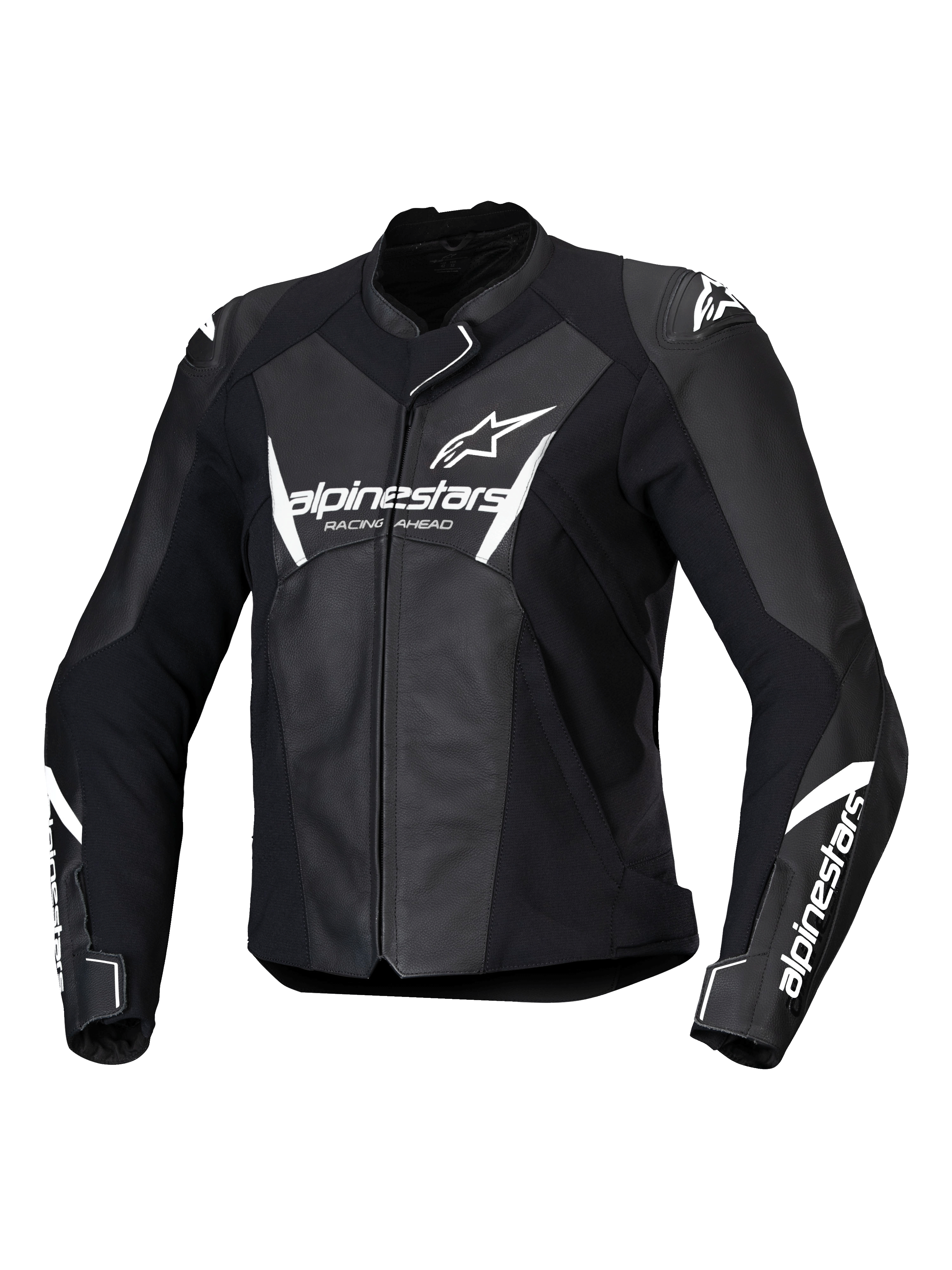 Chaqueta de cuero Alpinestars Stella Faster V3, chaqueta de motociclismo de competición para mujer, negro y blanco, con logotipos de Alpinestars en blanco en el pecho y las mangas, confección en cuero de primera calidad con hombros reforzados, diseño deportivo aerodinámico
