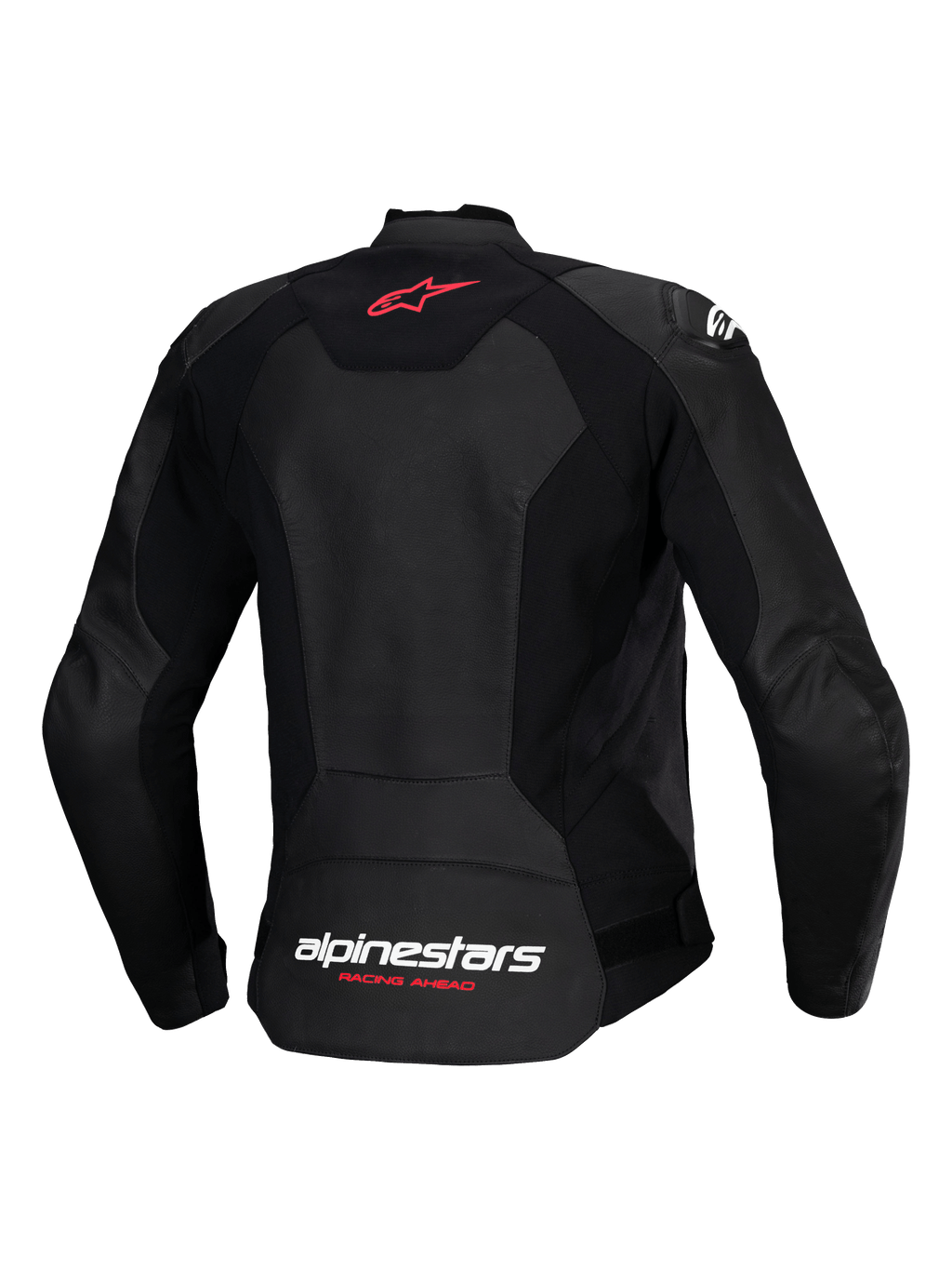 Chaqueta de cuero Alpinestars Stella Faster V3, chaqueta deportiva de moto para mujer, negra, vista trasera con logotipo de estrella roja en la parte superior y marca Alpinestars blanca con texto "Racing Ahead" en Fluo Coral en la parte inferior, ajuste femenino contorneado con cuero premium y paneles elásticos