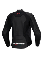 Chaqueta de cuero Alpinestars Stella Faster V3, chaqueta deportiva de moto para mujer, negra, vista trasera con logotipo de estrella roja en la parte superior y marca Alpinestars blanca con texto "Racing Ahead" en Fluo Coral en la parte inferior, ajuste femenino contorneado con cuero premium y paneles elásticos