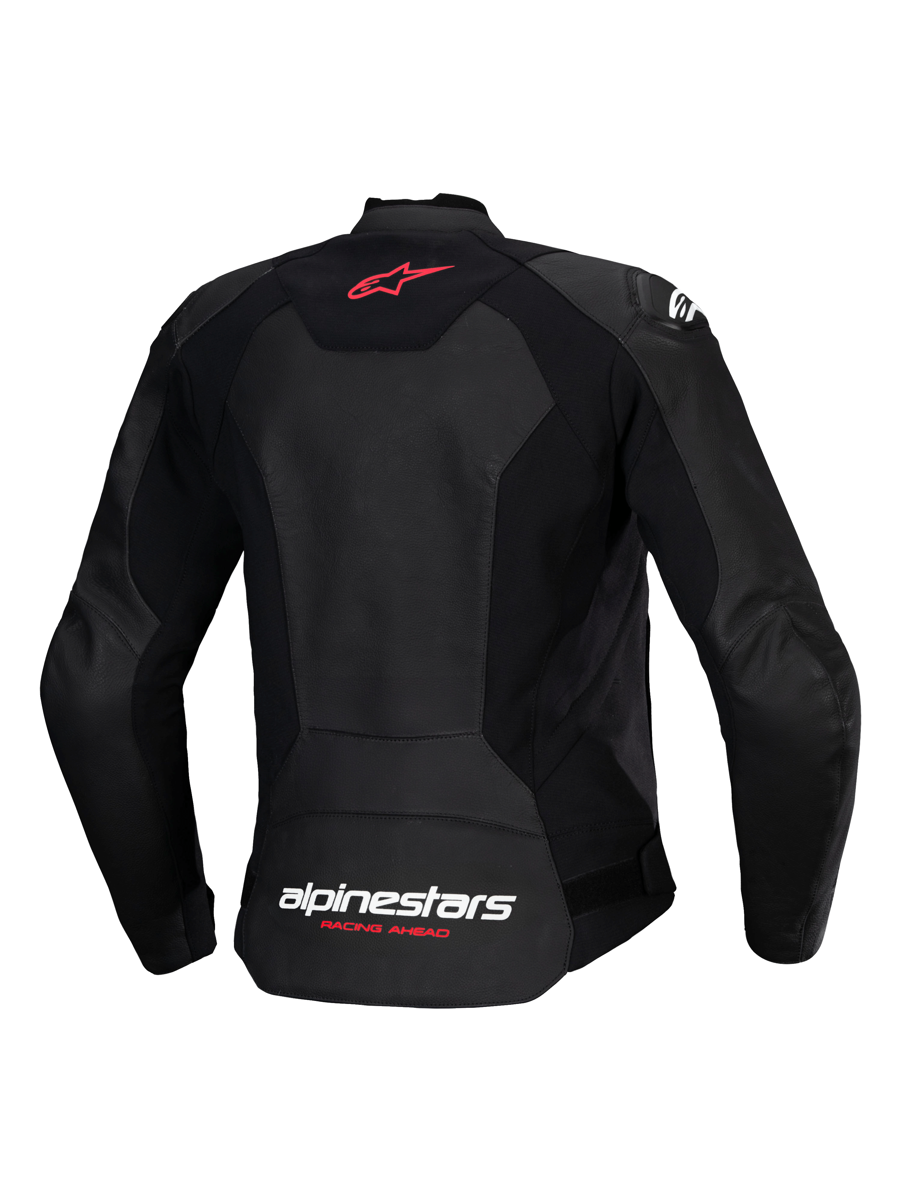 Chaqueta de cuero Alpinestars Stella Faster V3, chaqueta deportiva de moto para mujer, negra, vista trasera con logotipo de estrella roja en la parte superior y marca Alpinestars blanca con texto "Racing Ahead" en Fluo Coral en la parte inferior, ajuste femenino contorneado con cuero premium y paneles elásticos