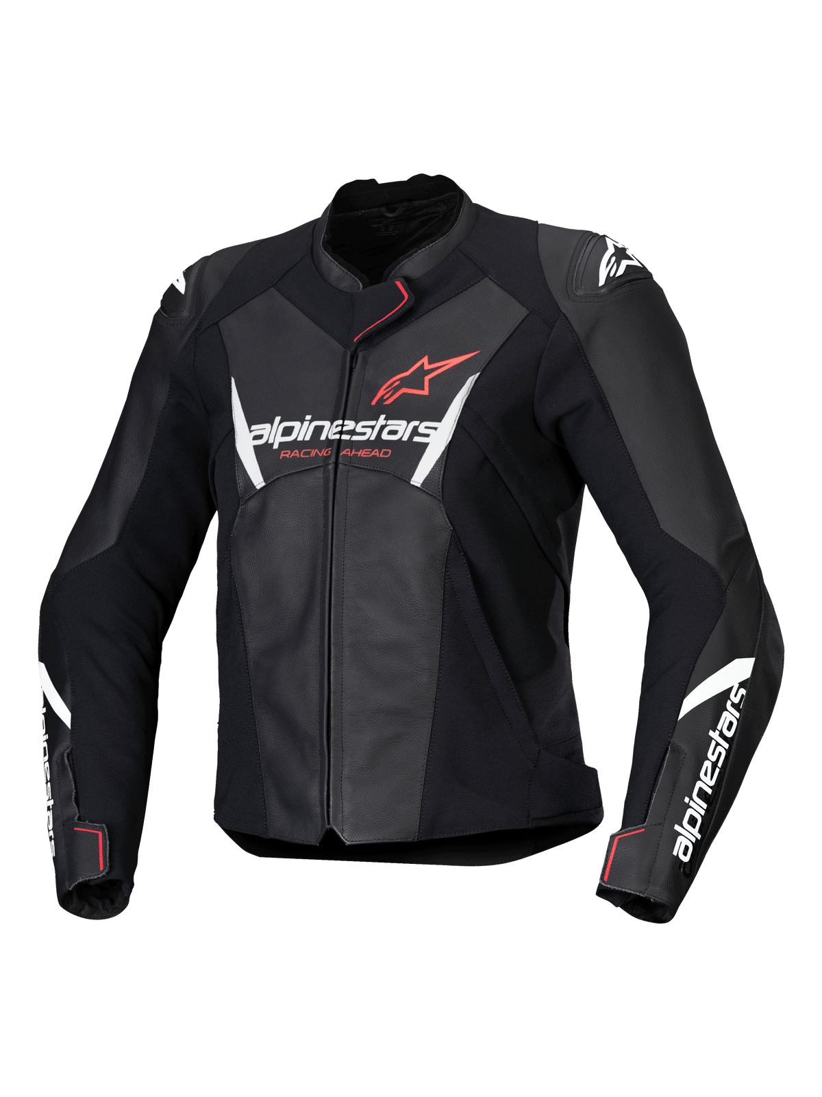 Alpinestars Stella Faster V3 Leather Jacket, Women's Motorcycle Racing Jacket, Black with White and Fluo Coral accents, premium leather construction, featuring Alpinestars branding on the chest and sleeves, sporty racing fit with integrated shoulder protection and front zipper closure.