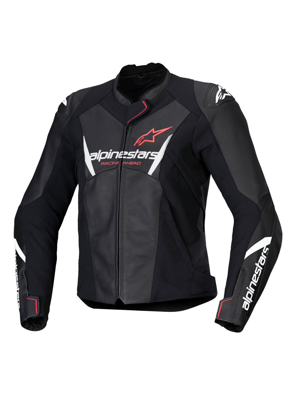 Alpinestars Stella Faster V3 Leather Jacket, chaqueta de motociclismo para mujer, negra con detalles en blanco y coral flúor, confección en cuero premium, con logotipos de Alpinestars en el pecho y las mangas, ajuste deportivo de competición con protecciones integradas en los hombros y cierre de cremallera frontal.